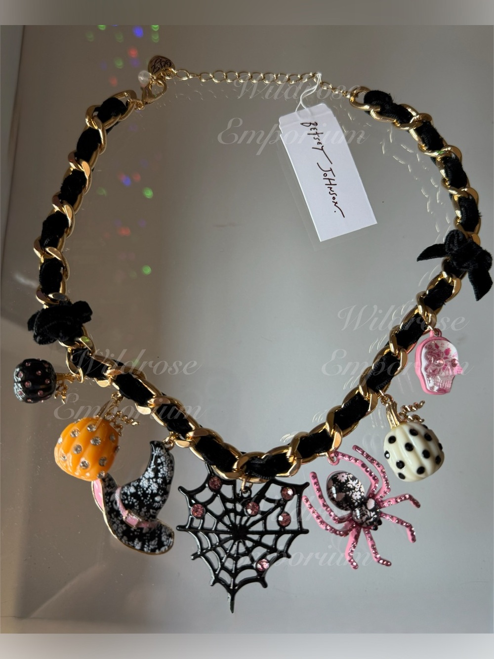 Betsey Johnson Necklace Halloween Crystal Cat Spider Webb Charm